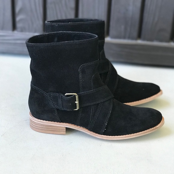 Black Suede Mid Calf Ankle Buckle Flat Boots - Picture 5 of 5